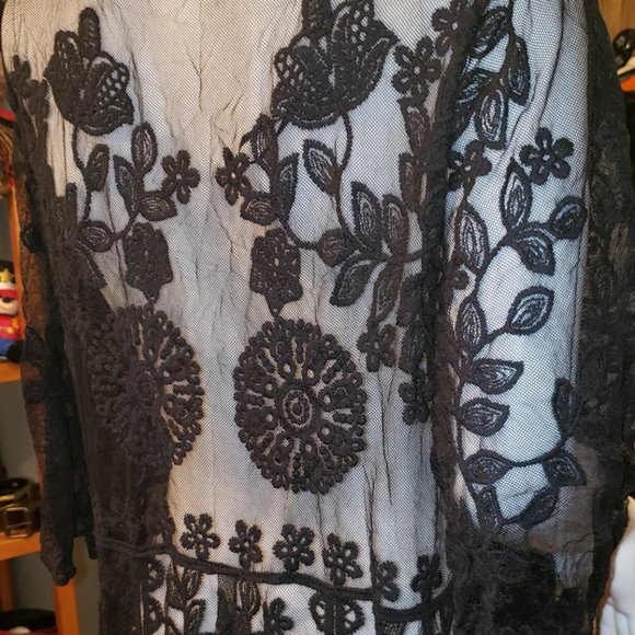 black lace crochet mesh long duster cardigan kimono - Picture 4 of 7